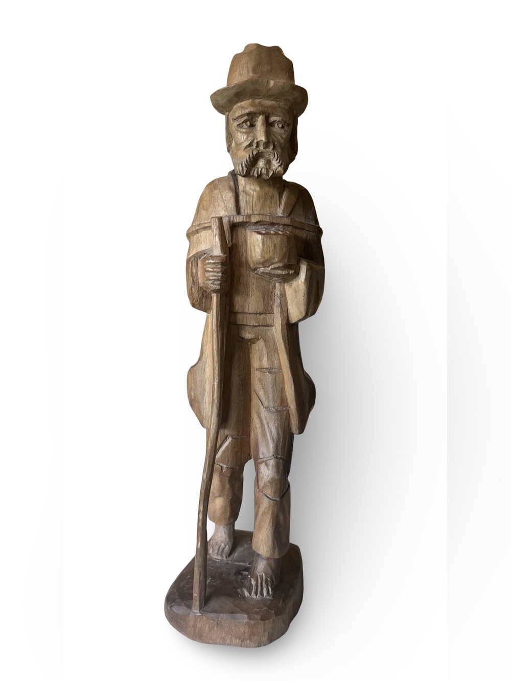 Vintage Hand Carved Wood Hobo Traveler Statue Folk Art Old Man Figurine 13”